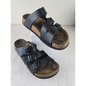 Betula Black Leather Cork Footbed Sandals Women Size Adjustable Buckle‎ Comfort